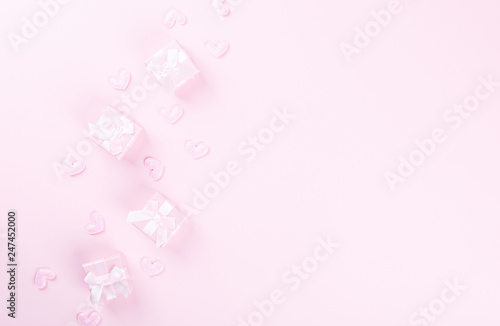 Valentine's Day composition. Gift box,   on pastel pink background. Mother's day, Women's Day Holiday concept. Flat lay, top view, copy space © lily_rocha
