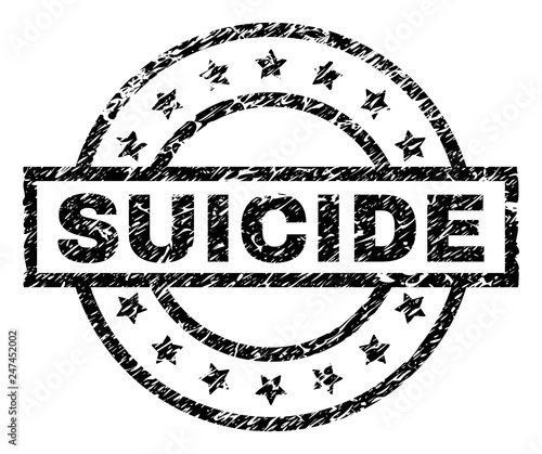 SUICIDE stamp seal watermark with distress style. Designed with rectangle, circles and stars. Black vector rubber print of SUICIDE text with corroded texture.
