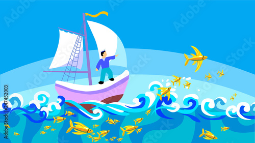 Ship travels in exotic sea, and flying fishes accompany him on the waves. The beautiful childrens illustration