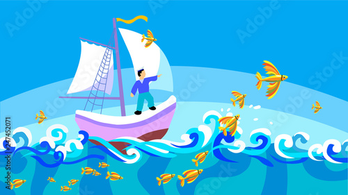 Tale about flying fishes  and little boat in far sea on world s end  captain on board