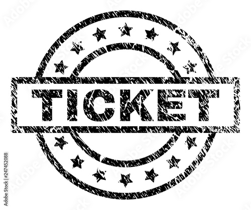 TICKET stamp seal watermark with distress style. Designed with rectangle, circles and stars. Black vector rubber print of TICKET caption with unclean texture.