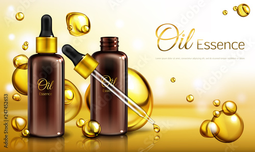 Vector 3d realistic ad poster, promo banner with oil essence in brown glass bottles with a pipette. Yellow liquid in droplets, spots. Oily cosmetics on a background. Natural vitamins in cosmetic.