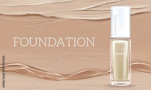 Vector 3d realistic illustration with concealer, beige cosmetic product in glass package. Premium foundation for woman. Mock up, template of cosmetics isolated on background with liquid splashes.
