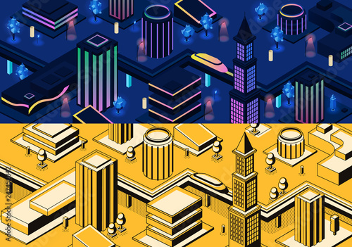 Vector 3d isometric modern city - metropolis in blue and yellow colors or town in line art style. High-speed monorail train  subway in futuristic buildings. Skyscrapers architecture  urban concept