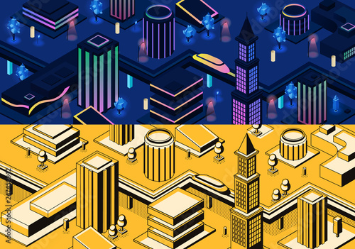 Vector 3d isometric modern city - metropolis in blue and yellow colors or town in line art style. High-speed monorail train, subway in futuristic buildings. Skyscrapers architecture, urban concept