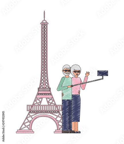 grandparents couple making selfie eiffel tower scene