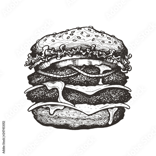 Vector illustration. Double cheeseburger with cheese, tomato, onion and lettuce. Big beef burger with vegetables. Hand drawn ink sketch. Graphic vintage element. Isolated on white background