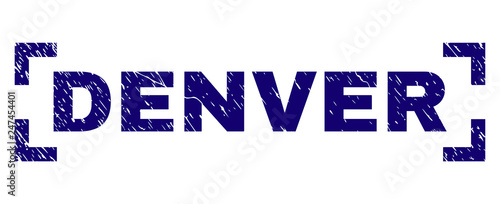 DENVER title seal print with grunge texture. Text caption is placed inside corners. Blue vector rubber print of DENVER with unclean texture.