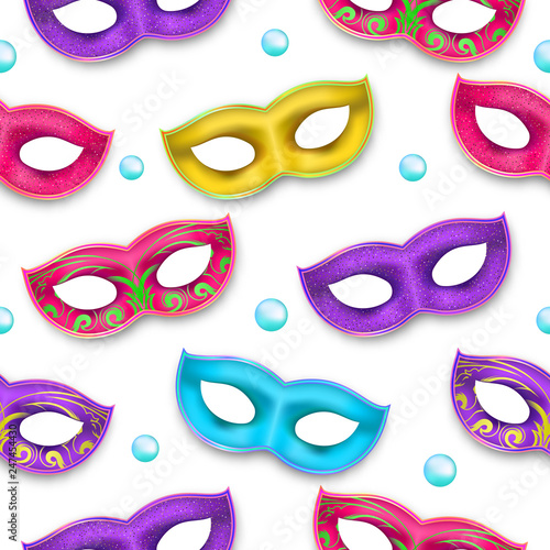 Mardi Gras endless pattern. Venetian painted Carnival Mask collection. Masquerade realistic party decor with confetti