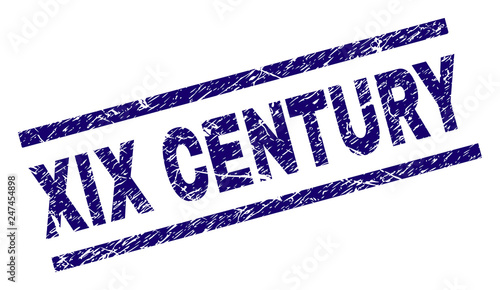 XIX CENTURY seal print with scratced style. Blue vector rubber print of XIX CENTURY label with scratched texture. Text title is placed between parallel lines.