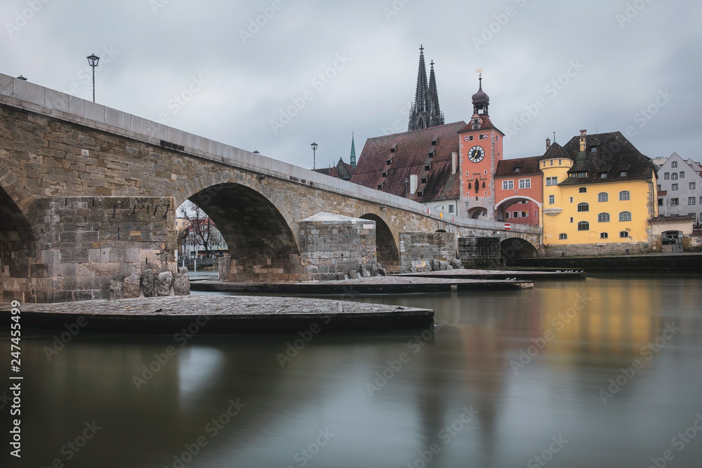 View from Danube on Stone Bridge in Regensburg