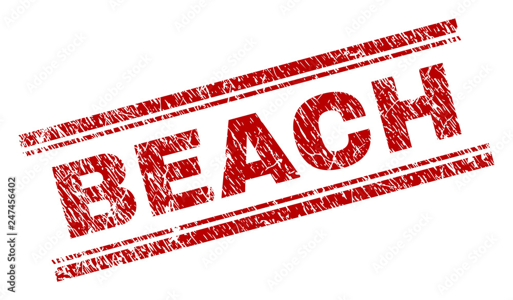 BEACH seal stamp with distress texture. Red vector rubber print of BEACH tag with corroded texture. Text tag is placed between double parallel lines. BEACH seal stamp with distress texture. Red vector rubber print of BEACH tag with corroded texture. Text tag is placed between double parallel lines.