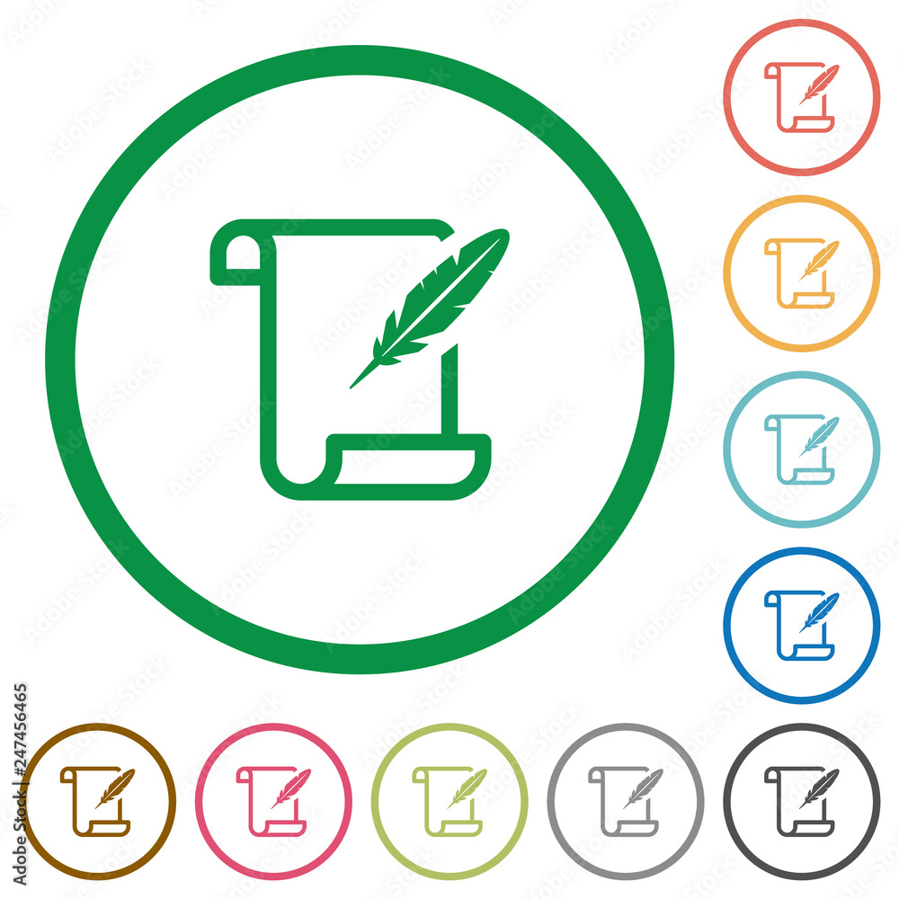 Paper scroll with feather flat icons with outlines Paper scroll with feather flat icons with outlines