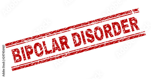 BIPOLAR DISORDER seal imprint with grunge texture. Red vector rubber print of BIPOLAR DISORDER text with dust texture. Text title is placed between double parallel lines.