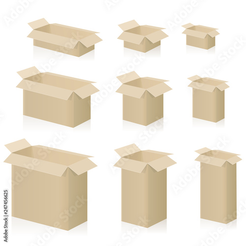 Cardboard boxes, different sizes, packing cases with open lid. Isolated vector illustration on white background.
