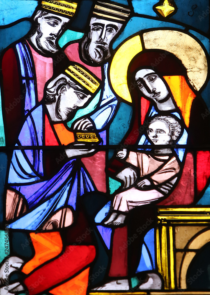 Nativity Scene, Adoration of the Magi, stained glass window in Basilica of St. Vitus in Ellwangen, Germany