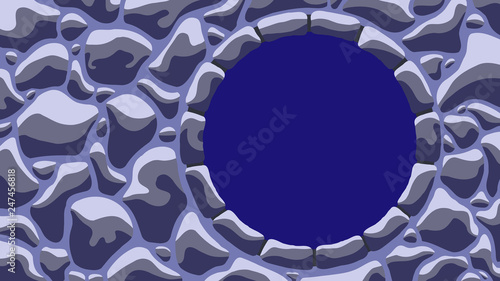 Circle frame, round window in gray stone wall, sump in rock
