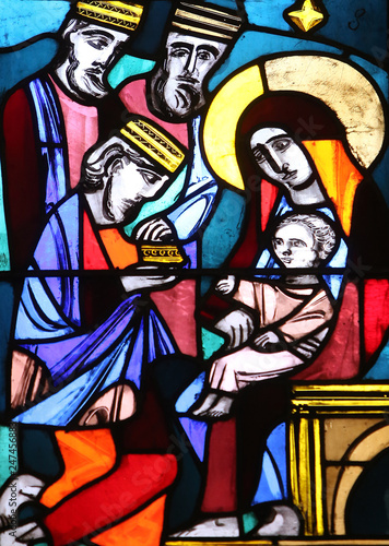Nativity Scene, Adoration of the Magi, stained glass window in Basilica of St. Vitus in Ellwangen, Germany