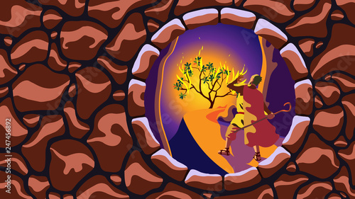 Moses before burning bush, icon of God revelation on mount Sinai