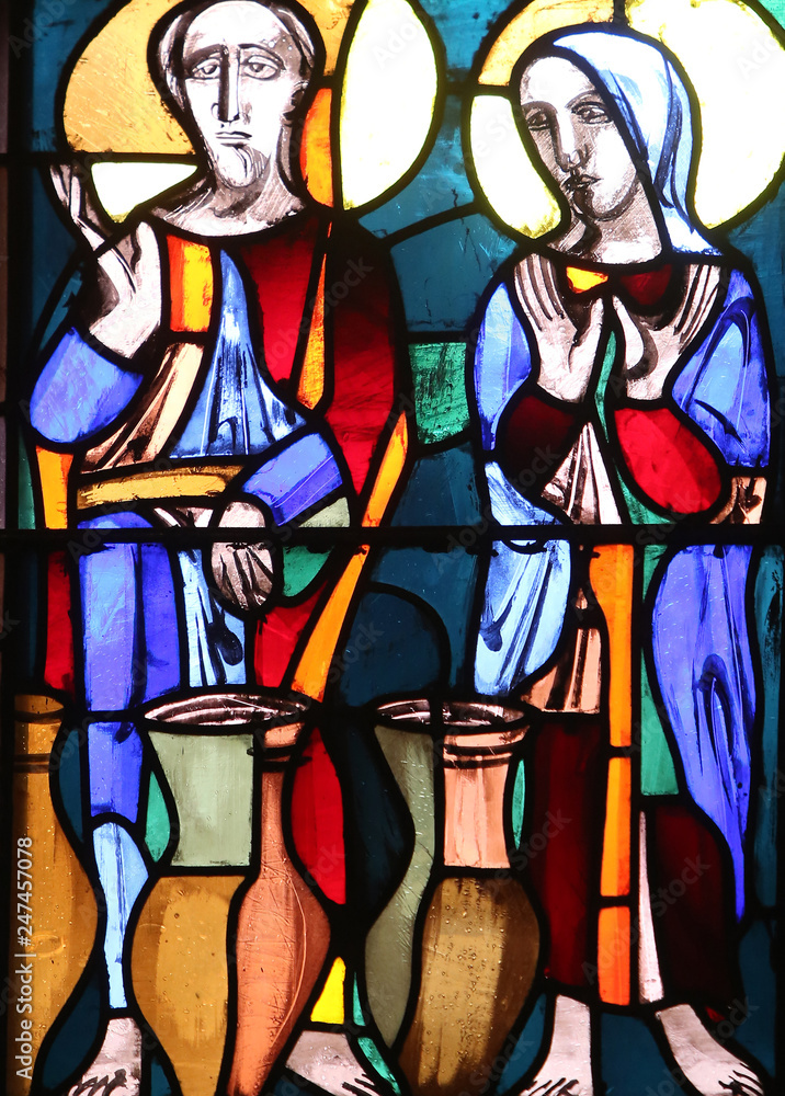 Wedding at Cana, stained glass window in Basilica of St. Vitus in Ellwangen, Germany