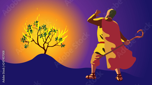 Moses in desert, on mount Sinai. Burning bush and revelation of Lord and the Creator