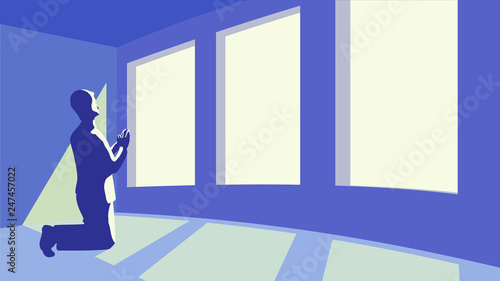 Private room and true prayer, unity wich Father who sees in secret, yellow light penetrate from windows