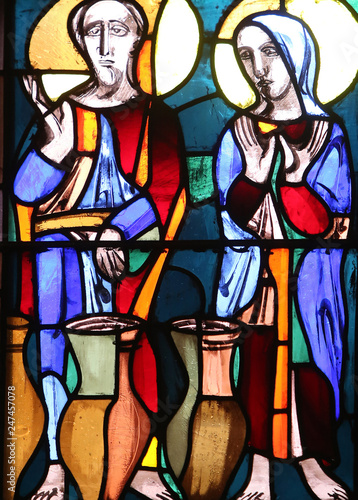 Wedding at Cana, stained glass window in Basilica of St. Vitus in Ellwangen, Germany