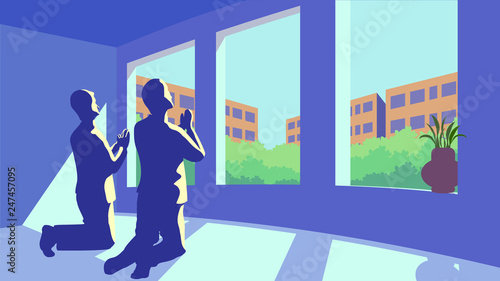 Two friends pray in secret room in day hour, unity, hope and humility