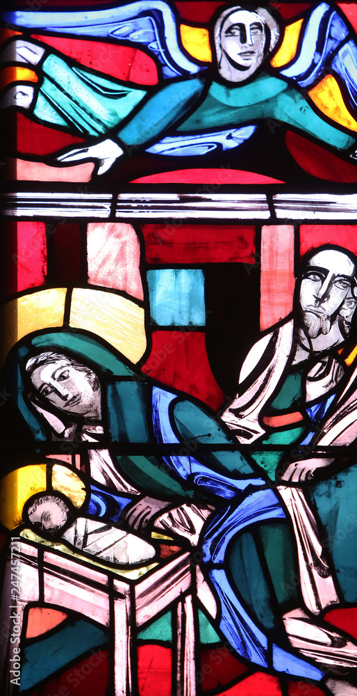Nativity Scene, stained glass window in Basilica of St. Vitus in Ellwangen, Germany
