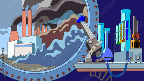 Sience test of industrial pollution of ground and air environment, scary smoke and laboratory equipment