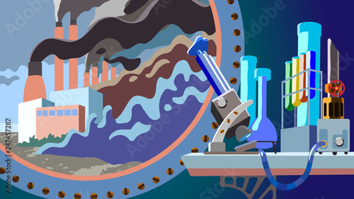 Scientific research of industrial pollution, harmful emissions of factorys, fume and smoke wich microscop and test tubes