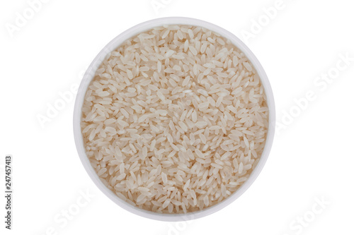 Rice in white bowl isolated on white background