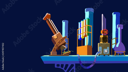 The science equipment for chemistry and biology research, microscope, test tubes and Bunsen burner on table top
