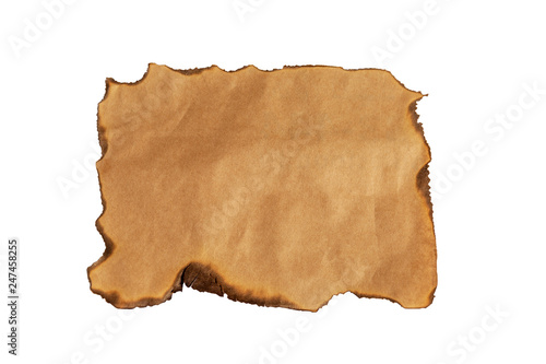 Old burnt paper, isolated on white background, copy space