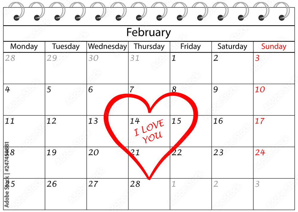 Valentin`s Tag Kalender Ich Liebe Dich mit Herz Umrandung Stock Vector