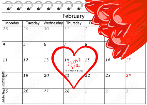 Valentin`s Tag Kalender mit Herz und Blumen