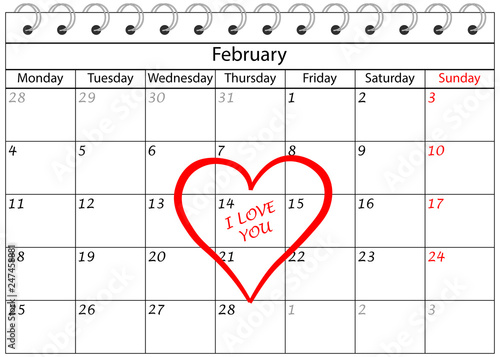 Valentin`s Tag Kalender Ich Liebe Dich mit Herz Umrandung