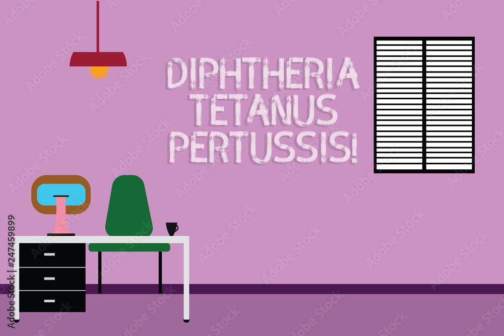 Fototapeta premium Text sign showing Diphtheria Tetanus Pertussis. Conceptual photo vaccines against three infectious diseases Work Space Minimalist Interior Computer and Study Area Inside a Room photo