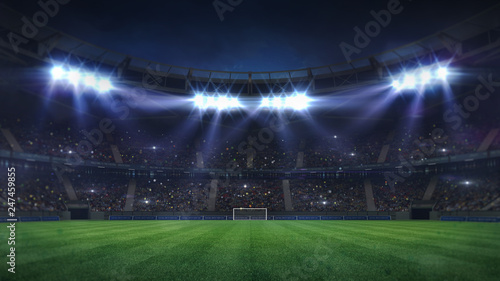 grand football stadium illuminated by spotlights and empty green grass playground, football stadium sport theme digital 3D background advertisement illustration my own design © LeArchitecto