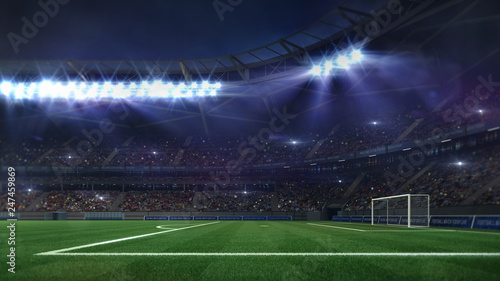 grand football stadium illuminated by spotlights and empty green grass field  football stadium sport theme digital 3D background advertisement illustration my own design