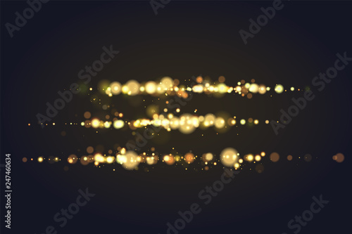 Golden bokeh sparkle glitter luxury glamor camera flash light background. Abstract defocused circular party magic christmas background. New year glamorous elegant, shiny background.