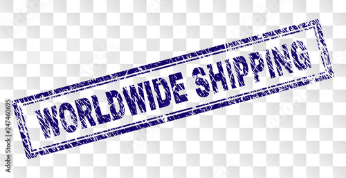 WORLDWIDE SHIPPING stamp seal print with rubber print style and double framed rectangle shape. Stamp is placed on a transparent background.