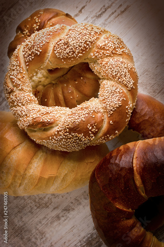 crispy pretzel with sesame and breadon rustic table photo