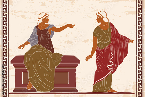 Two ancient Greek women in a tunics near a stone pedestal. Vector image on old beige background.