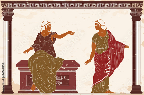 Two ancient Greek women in a tunics near a stone pedestal. Vector image on old beige background.