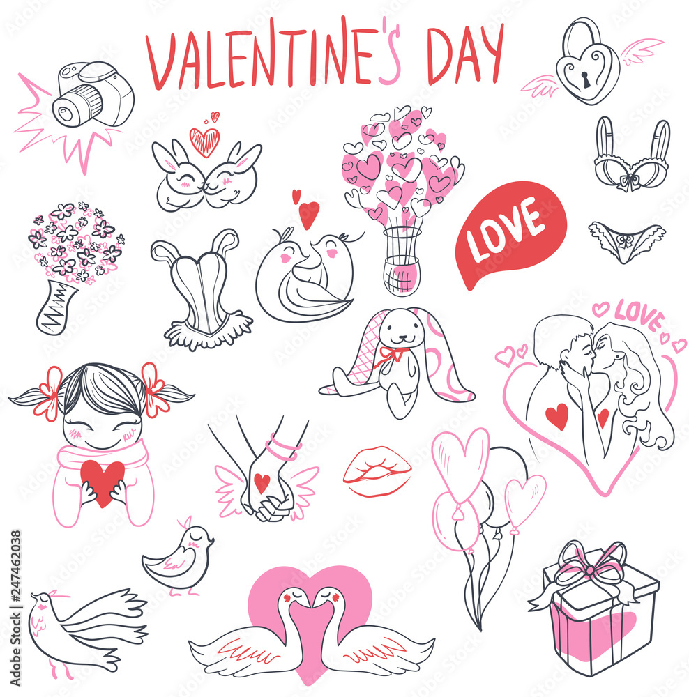 Collection of hand drawn Valentine day doodle. Perfect for invitation cards and page decoration. illustration. Collection of hand drawn Valentine day doodle. Perfect for invitation cards and page decoration. illustration.