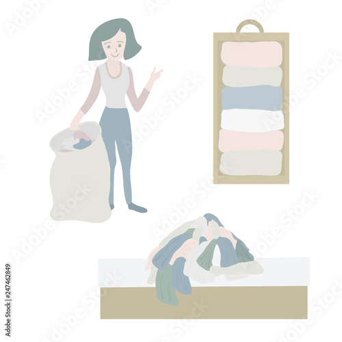 Tidying up Vector icon set. Closet organization illustration. House keeping. Tidy up. Declutter and tidying up concept. Woman with bag decluttering her clothes. Pile of clothes on bed. Before after.