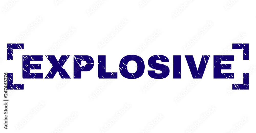 EXPLOSIVE title seal print with distress texture. Text label is placed between corners. Blue vector rubber print of EXPLOSIVE with retro texture. EXPLOSIVE title seal print with distress texture. Text label is placed between corners. Blue vector rubber print of EXPLOSIVE with retro texture.