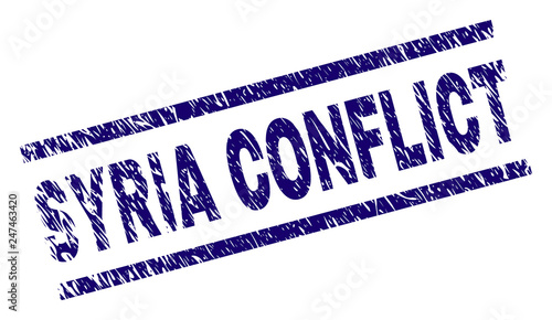 SYRIA CONFLICT seal print with distress style. Blue vector rubber print of SYRIA CONFLICT text with unclean texture. Text tag is placed between parallel lines.