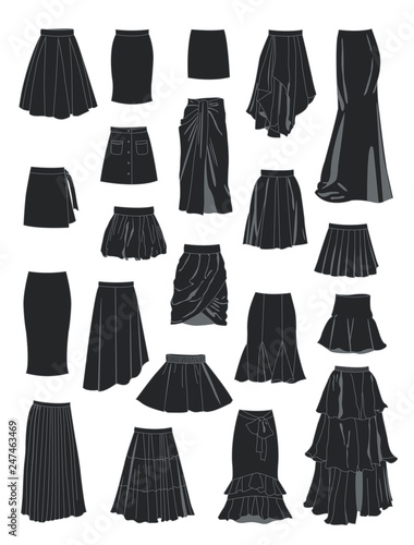 Set of silhouettes of women's skirts, a lot of different models, isolated on white background 

